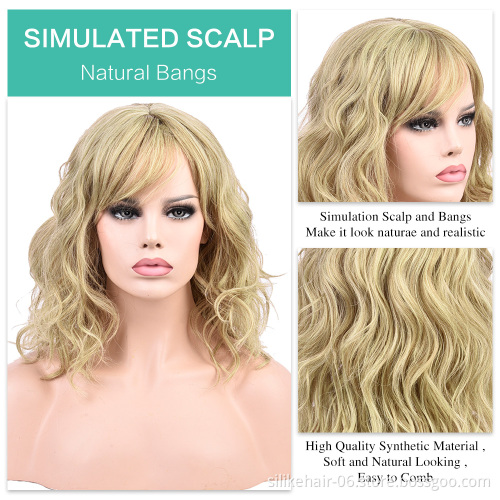 Daily Use Heat Resistant Blonde Vine Purple Pink Black Silky Curly Wig For Women Synthetic Short Water Wavy Wigs With Bangs